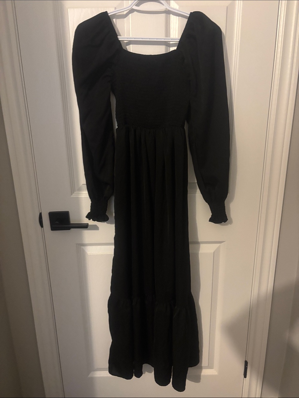 Black Puff-Sleeve Smocked Maxi Dress
